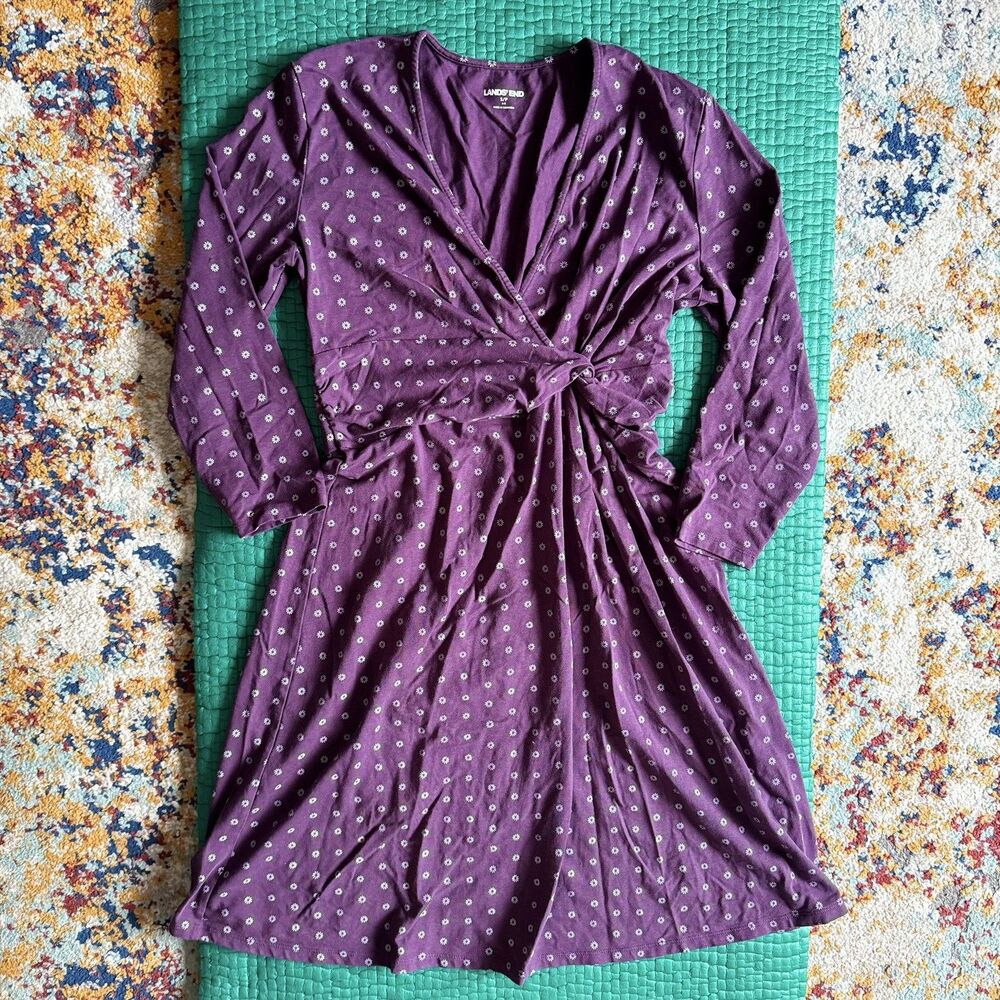 NEW Lands End Purple Floral Babydoll V Neck Knot Front Dress Small Long Sleeve
